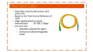 Fiber Optic Cable
 Glass fiber carrying light pulses, each
pulse a bit.
 Based on the Total Internal Reflection of
Light.
 High-speed point-to-point
transmission 10-100’s Gbps
 low error rate:
 repeaters spaced far apart
 immune to electromagnetic
noise
 