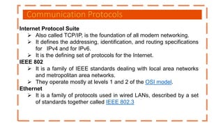 Communication Protocols
Internet Protocol Suite
 Also called TCP/IP, is the foundation of all modern networking.
 It defines the addressing, identification, and routing specifications
for IPv4 and for IPv6.
 It is the defining set of protocols for the Internet.
IEEE 802
 It is a family of IEEE standards dealing with local area networks
and metropolitan area networks.
 They operate mostly at levels 1 and 2 of the OSI model.
Ethernet
 It is a family of protocols used in wired LANs, described by a set
of standards together called IEEE 802.3
 