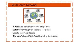 5. Wide Area Network
• A Wide Area Network exist over a large area
• Data travels through telephone or cable lines
• Usually requires a Modem
• The world’s largest Wide Area Network in the Internet
 