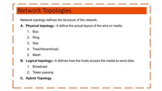 Network Topologies
Network topology defines the structure of the network.
A. Physical topology:- It define the actual layout of the wire or media.
1. Bus
2. Ring
3. Star
4. Tree(Hierarchical)
5. Mesh
B. Logical topology:- It defines how the hosts access the media to send data.
1. Broadcast
2. Token passing
C. Hybrid Topology
 