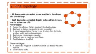 2. Ring Topology
• All devices are connected to one another in the shape
of a closed loop.
• Each device is connected directly to two other devices,
one on either side of it.
Advantages:
1. Avoids the collisions that are possible in the bus topology.
2. Each pair of stations has a point-to-point connection.
3. A signal is passed along the ring in one direction, from device to
another, until it reaches its destination.
4. Each device incorporates a repeater.
5. Relatively easy to install and reconfigure.
6. Fault isolation is simplified.
Disadvantages:
1. A break in the ring (such as station disabled) can disable the entire
network.
2. Unidirectional traffic.
 