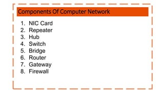 Components Of Computer Network
1. NIC Card
2. Repeater
3. Hub
4. Switch
5. Bridge
6. Router
7. Gateway
8. Firewall
 