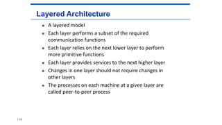 Layered Architecture
 A layered model
 Each layer performs a subset of the required
communication functions
 Each layer relies on the next lower layer to perform
more primitive functions
 Each layer provides services to the next higher layer
 Changes in one layer should not require changes in
other layers
 The processes on each machine at a given layer are
called peer-to-peer process
1.54
 