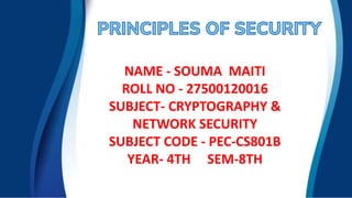 NAME - SOUMA MAITI
ROLL NO - 27500120016
SUBJECT- CRYPTOGRAPHY &
NETWORK SECURITY
SUBJECT CODE - PEC-CS801B
YEAR- 4TH SEM-8TH
 
