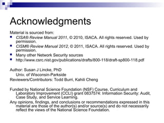 Acknowledgments
Material is sourced from:
 CISA® Review Manual 2011, © 2010, ISACA. All rights reserved. Used by
permission.
 CISM® Review Manual 2012, © 2011, ISACA. All rights reserved. Used by
permission.
 Many other Network Security sources
 http://www.csrc.nist.gov/publications/drafts/800-118/draft-sp800-118.pdf
Author: Susan J Lincke, PhD
Univ. of Wisconsin-Parkside
Reviewers/Contributors: Todd Burri, Kahili Cheng
Funded by National Science Foundation (NSF) Course, Curriculum and
Laboratory Improvement (CCLI) grant 0837574: Information Security: Audit,
Case Study, and Service Learning.
Any opinions, findings, and conclusions or recommendations expressed in this
material are those of the author(s) and/or source(s) and do not necessarily
reflect the views of the National Science Foundation.
 