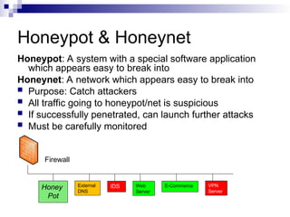 Honeypot & Honeynet
Honeypot: A system with a special software application
which appears easy to break into
Honeynet: A network which appears easy to break into
 Purpose: Catch attackers
 All traffic going to honeypot/net is suspicious
 If successfully penetrated, can launch further attacks
 Must be carefully monitored
External
DNS
IDS Web
Server
E-Commerce VPN
Server
Firewall
Honey
Pot
 