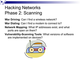 Hacking Networks
Phase 2: Scanning
War Driving: Can I find a wireless network?
War Dialing: Can I find a modem to connect to?
Network Mapping: What IP addresses exist, and what
ports are open on them?
Vulnerability-Scanning Tools: What versions of software
are implemented on devices?
 