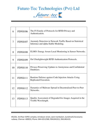 Future-Tec Technologies (Pvt) Ltd




6     FDNS106        The Ff-Family of Protocols for RFID-Privacy and
                     Authentication.


7     FDNS107        Anomaly Detection in Network Traffic Based on Statistical
                     Inference and alpha-Stable Modeling.


8     FDNS108        ELMO: Energy Aware Local Monitoring in Sensor Networks.


9     FDNS109        On Ultralightweight RFID Authentication Protocols.


10    FDNS110        Privacy-Preserving Updates to Anonymous and Confidential
                     Databases.


11    FDNS111        Runtime Defense against Code Injection Attacks Using
                     Replicated Execution.


12    FDNS112        Dynamics of Malware Spread in Decentralized Peer-to-Peer
                     Networks.


13    FDNS113        Quality Assessment of Degraded Iris Images Acquired in the
                     Visible Wavelength.




                                                                     ! "#   $
#    $% &'   ( )))      '   * )++(+   ,   -) ..+,)+,), ..+,+-,+,.%
 