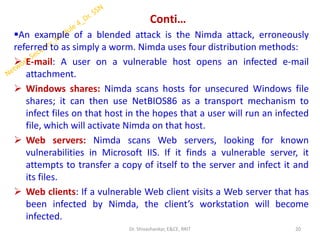 Conti…
▪An example of a blended attack is the Nimda attack, erroneously
referred to as simply a worm. Nimda uses four distribution methods:
➢ E-mail: A user on a vulnerable host opens an infected e-mail
attachment.
➢ Windows shares: Nimda scans hosts for unsecured Windows file
shares; it can then use NetBIOS86 as a transport mechanism to
infect files on that host in the hopes that a user will run an infected
file, which will activate Nimda on that host.
➢ Web servers: Nimda scans Web servers, looking for known
vulnerabilities in Microsoft IIS. If it finds a vulnerable server, it
attempts to transfer a copy of itself to the server and infect it and
its files.
➢ Web clients: If a vulnerable Web client visits a Web server that has
been infected by Nimda, the client’s workstation will become
infected.
20
Dr. Shivashankar, E&CE, RRIT
 
