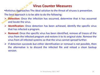 Virus Counter Measures
▪Antivirus Approaches The ideal solution to the threat of viruses is prevention.
The best approach is to be able to do the following:
➢ Detection: Once the infection has occurred, determine that it has occurred
and locate the virus.
➢ Identification: Once detection has been achieved, identify the specific virus
that has infected a program.
➢ Removal: Once the specific virus has been identified, remove all traces of the
virus from the infected program and restore it to its original state. Remove the
virus from all infected systems so that the virus cannot spread further.
➢ If detection succeeds but either identification or removal is not possible, then
the alternative is to discard the infected file and reload a clean backup
version.
26
Dr. Shivashankar, E&CE, RRIT
 