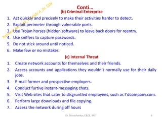 Conti…
(b) Criminal Enterprise
1. Act quickly and precisely to make their activities harder to detect.
2. Exploit perimeter through vulnerable ports.
3. Use Trojan horses (hidden software) to leave back doors for reentry.
4. Use sniffers to capture passwords.
5. Do not stick around until noticed.
6. Make few or no mistakes
(c) Internal Threat
1. Create network accounts for themselves and their friends.
2. Access accounts and applications they wouldn’t normally use for their daily
jobs.
3. E-mail former and prospective employers.
4. Conduct furtive instant-messaging chats.
5. Visit Web sites that cater to disgruntled employees, such as f’dcompany.com.
6. Perform large downloads and file copying.
7. Access the network during off hours
6
Dr. Shivashankar, E&CE, RRIT
 