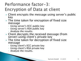 


Client encrypts the message using server’s public
key
The time taken for encryption of fixed size
message
◦ Using server’s ECC public key
◦ Using server’s RSA public key
◦ Analyze the results.




Client decrypts the received message (from
server) using client’s private key
The time taken for decryption of fixed size
message
◦ Using client’s ECC private key
◦ Using client’s RSA private key
◦ Analyze the results.

Raj Kumar Rampelli

3/3/2014

15

 