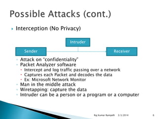 

Interception (No Privacy)
Intruder
Sender

Receiver

◦ Attack on “confidentiality”
◦ Packet Analyzer software

 Intercept and log traffic passing over a network
 Captures each Packet and decodes the data
 Ex: Microsoft Network Monitor

◦ Man in the middle attack
◦ Wiretapping: capture the data
◦ Intruder can be a person or a program or a computer

Raj Kumar Rampelli

3/3/2014

6

 