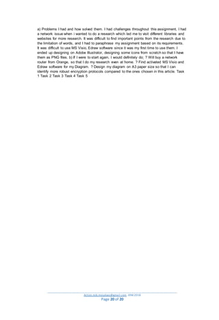 _________________________________________________________________________________________
Action.mjk.mojakwe@gmail.com .IDM.2018
Page 20 of 20
a) Problems I had and how solved them. I had challenges throughout this assignment, I had
a network issue when i wanted to do a research which led me to visit different libraries and
websites for more research. It was difficult to find important points from the research due to
the limitation of words, and I had to paraphrase my assignment based on its requirements.
It was difficult to use MS Visio, Edraw software since it was my first time to use them. I
ended up designing on Adobe Illustrator, designing some icons from scratch so that I have
them as PNG files. b) If I were to start again, I would definitely do; ? Will buy a network
router from Orange, so that I do my research even at home. ? Find activated MS Visio and
Edraw software for my Diagram. ? Design my diagram on A3 paper size so that I can
identify more robust encryption protocols compared to the ones chosen in this article. Task
1 Task 2 Task 3 Task 4 Task 5
 