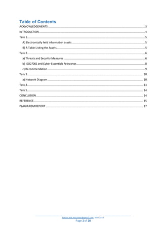 _________________________________________________________________________________________
Action.mjk.mojakwe@gmail.com .IDM.2018
Page 2 of 20
Table of Contents
ACKNOWLEDGEMENTS ...................................................................................................................... 3
INTRODUCTION .................................................................................................................................4
Task 1................................................................................................................................................ 5
A) Electronically held information assets ......................................................................................... 5
B) A Table Listing the Assets............................................................................................................ 5
Task 2................................................................................................................................................ 6
a) Threats and Security Measures ...................................................................................................6
b) ISO27001 and Cyber Essentials Relevance.................................................................................... 8
c) Recommendation....................................................................................................................... 9
Task 3.............................................................................................................................................. 10
a) Network Diagram..................................................................................................................... 10
Task 4.............................................................................................................................................. 13
Task 5.............................................................................................................................................. 14
CONCLUSION................................................................................................................................... 14
REFERENCE...................................................................................................................................... 15
PLAGIARISMREPORT ....................................................................................................................... 17
 