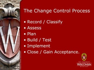 The Change Control Process

• Record / Classify
• Assess
• Plan
• Build / Test
• Implement
• Close / Gain Acceptance.
 
