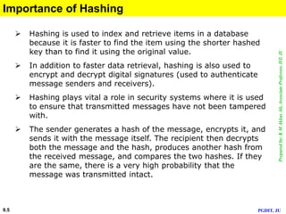 Preparedby:KMAkkasAli,AssociateProfessor,IIT,JU
PGDIT, JU9.5
Importance of Hashing
 Hashing is used to index and retrieve items in a database
because it is faster to find the item using the shorter hashed
key than to find it using the original value.
 In addition to faster data retrieval, hashing is also used to
encrypt and decrypt digital signatures (used to authenticate
message senders and receivers).
 Hashing plays vital a role in security systems where it is used
to ensure that transmitted messages have not been tampered
with.
 The sender generates a hash of the message, encrypts it, and
sends it with the message itself. The recipient then decrypts
both the message and the hash, produces another hash from
the received message, and compares the two hashes. If they
are the same, there is a very high probability that the
message was transmitted intact.
 