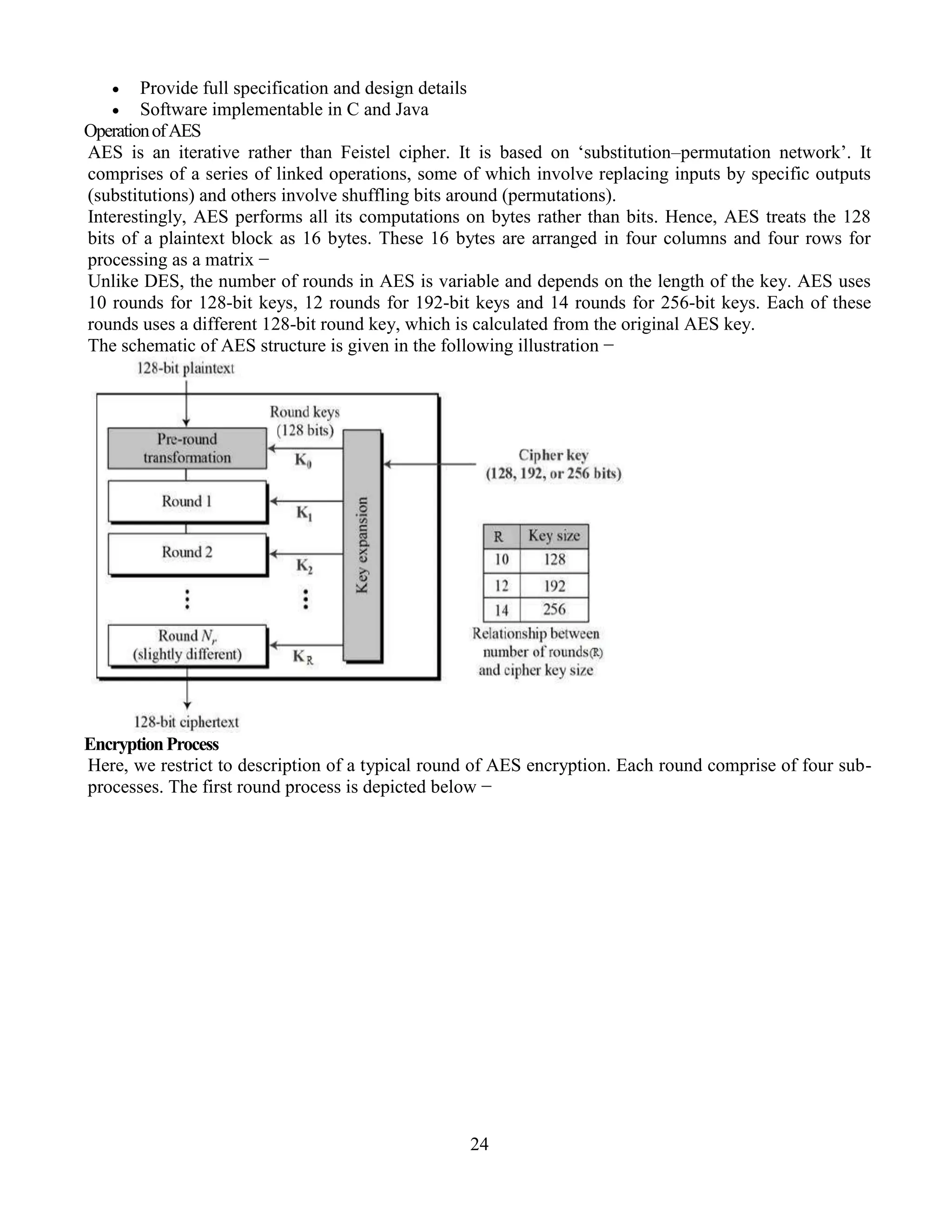 24
 Provide full specification and design details
 Software implementable in C and Java
OperationofAES
AES is an iterative rather than Feistel cipher. It is based on ‘substitution–permutation network’. It
comprises of a series of linked operations, some of which involve replacing inputs by specific outputs
(substitutions) and others involve shuffling bits around (permutations).
Interestingly, AES performs all its computations on bytes rather than bits. Hence, AES treats the 128
bits of a plaintext block as 16 bytes. These 16 bytes are arranged in four columns and four rows for
processing as a matrix −
Unlike DES, the number of rounds in AES is variable and depends on the length of the key. AES uses
10 rounds for 128-bit keys, 12 rounds for 192-bit keys and 14 rounds for 256-bit keys. Each of these
rounds uses a different 128-bit round key, which is calculated from the original AES key.
The schematic of AES structure is given in the following illustration −
EncryptionProcess
Here, we restrict to description of a typical round of AES encryption. Each round comprise of four sub-
processes. The first round process is depicted below −
 
