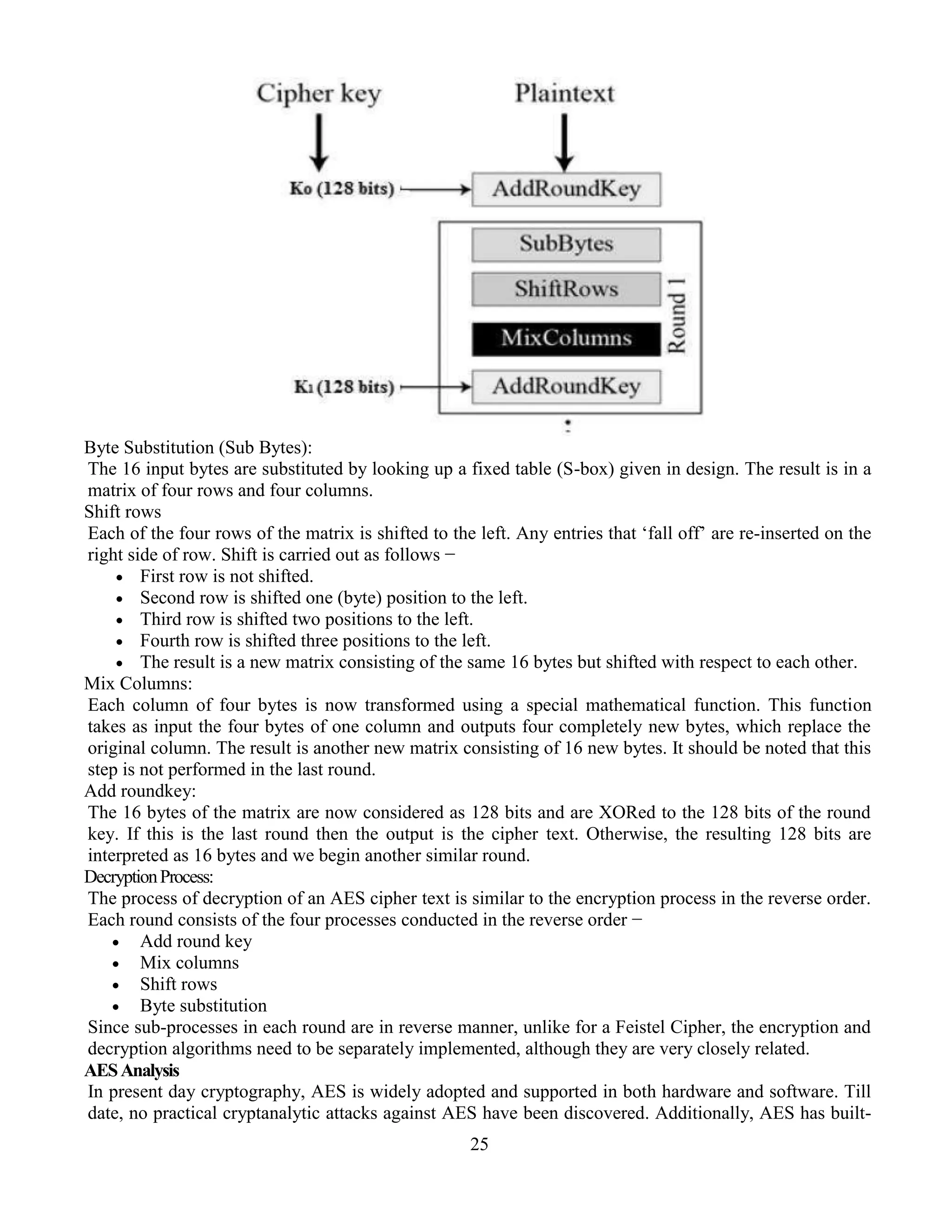 25
Byte Substitution (Sub Bytes):
The 16 input bytes are substituted by looking up a fixed table (S-box) given in design. The result is in a
matrix of four rows and four columns.
Shift rows
Each of the four rows of the matrix is shifted to the left. Any entries that ‘fall off’ are re-inserted on the
right side of row. Shift is carried out as follows −
 First row is not shifted.
 Second row is shifted one (byte) position to the left.
 Third row is shifted two positions to the left.
 Fourth row is shifted three positions to the left.
 The result is a new matrix consisting of the same 16 bytes but shifted with respect to each other.
Mix Columns:
Each column of four bytes is now transformed using a special mathematical function. This function
takes as input the four bytes of one column and outputs four completely new bytes, which replace the
original column. The result is another new matrix consisting of 16 new bytes. It should be noted that this
step is not performed in the last round.
Add roundkey:
The 16 bytes of the matrix are now considered as 128 bits and are XORed to the 128 bits of the round
key. If this is the last round then the output is the cipher text. Otherwise, the resulting 128 bits are
interpreted as 16 bytes and we begin another similar round.
DecryptionProcess:
The process of decryption of an AES cipher text is similar to the encryption process in the reverse order.
Each round consists of the four processes conducted in the reverse order −
 Add round key
 Mix columns
 Shift rows
 Byte substitution
Since sub-processes in each round are in reverse manner, unlike for a Feistel Cipher, the encryption and
decryption algorithms need to be separately implemented, although they are very closely related.
AESAnalysis
In present day cryptography, AES is widely adopted and supported in both hardware and software. Till
date, no practical cryptanalytic attacks against AES have been discovered. Additionally, AES has built-
 