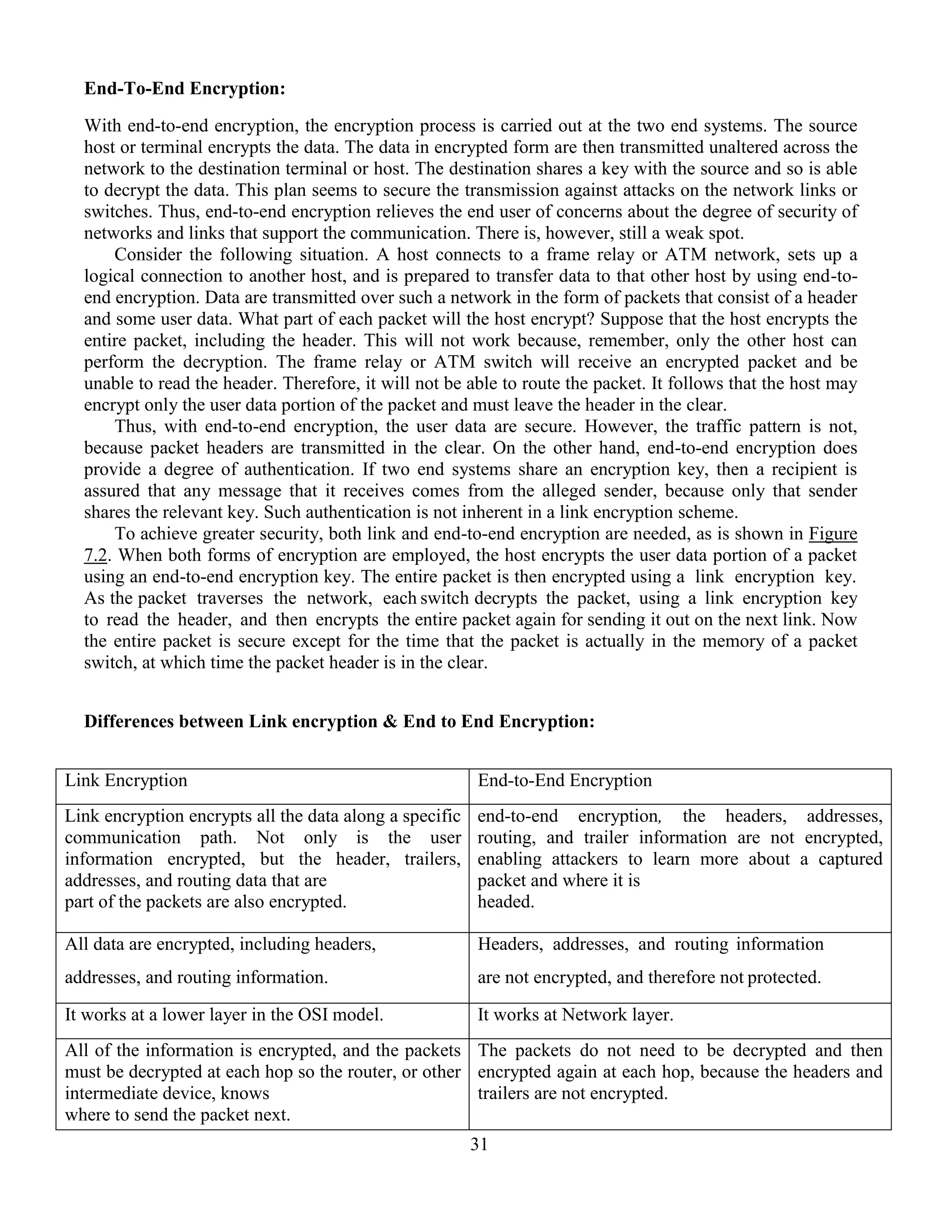 31
End-To-End Encryption:
With end-to-end encryption, the encryption process is carried out at the two end systems. The source
host or terminal encrypts the data. The data in encrypted form are then transmitted unaltered across the
network to the destination terminal or host. The destination shares a key with the source and so is able
to decrypt the data. This plan seems to secure the transmission against attacks on the network links or
switches. Thus, end-to-end encryption relieves the end user of concerns about the degree of security of
networks and links that support the communication. There is, however, still a weak spot.
Consider the following situation. A host connects to a frame relay or ATM network, sets up a
logical connection to another host, and is prepared to transfer data to that other host by using end-to-
end encryption. Data are transmitted over such a network in the form of packets that consist of a header
and some user data. What part of each packet will the host encrypt? Suppose that the host encrypts the
entire packet, including the header. This will not work because, remember, only the other host can
perform the decryption. The frame relay or ATM switch will receive an encrypted packet and be
unable to read the header. Therefore, it will not be able to route the packet. It follows that the host may
encrypt only the user data portion of the packet and must leave the header in the clear.
Thus, with end-to-end encryption, the user data are secure. However, the traffic pattern is not,
because packet headers are transmitted in the clear. On the other hand, end-to-end encryption does
provide a degree of authentication. If two end systems share an encryption key, then a recipient is
assured that any message that it receives comes from the alleged sender, because only that sender
shares the relevant key. Such authentication is not inherent in a link encryption scheme.
To achieve greater security, both link and end-to-end encryption are needed, as is shown in Figure
7.2. When both forms of encryption are employed, the host encrypts the user data portion of a packet
using an end-to-end encryption key. The entire packet is then encrypted using a link encryption key.
As the packet traverses the network, each switch decrypts the packet, using a link encryption key
to read the header, and then encrypts the entire packet again for sending it out on the next link. Now
the entire packet is secure except for the time that the packet is actually in the memory of a packet
switch, at which time the packet header is in the clear.
Differences between Link encryption & End to End Encryption:
Link Encryption End-to-End Encryption
Link encryption encrypts all the data along a specific
communication path. Not only is the user
information encrypted, but the header, trailers,
addresses, and routing data that are
part of the packets are also encrypted.
end-to-end encryption, the headers, addresses,
routing, and trailer information are not encrypted,
enabling attackers to learn more about a captured
packet and where it is
headed.
All data are encrypted, including headers,
addresses, and routing information.
Headers, addresses, and routing information
are not encrypted, and therefore not protected.
It works at a lower layer in the OSI model. It works at Network layer.
All of the information is encrypted, and the packets
must be decrypted at each hop so the router, or other
intermediate device, knows
where to send the packet next.
The packets do not need to be decrypted and then
encrypted again at each hop, because the headers and
trailers are not encrypted.
 