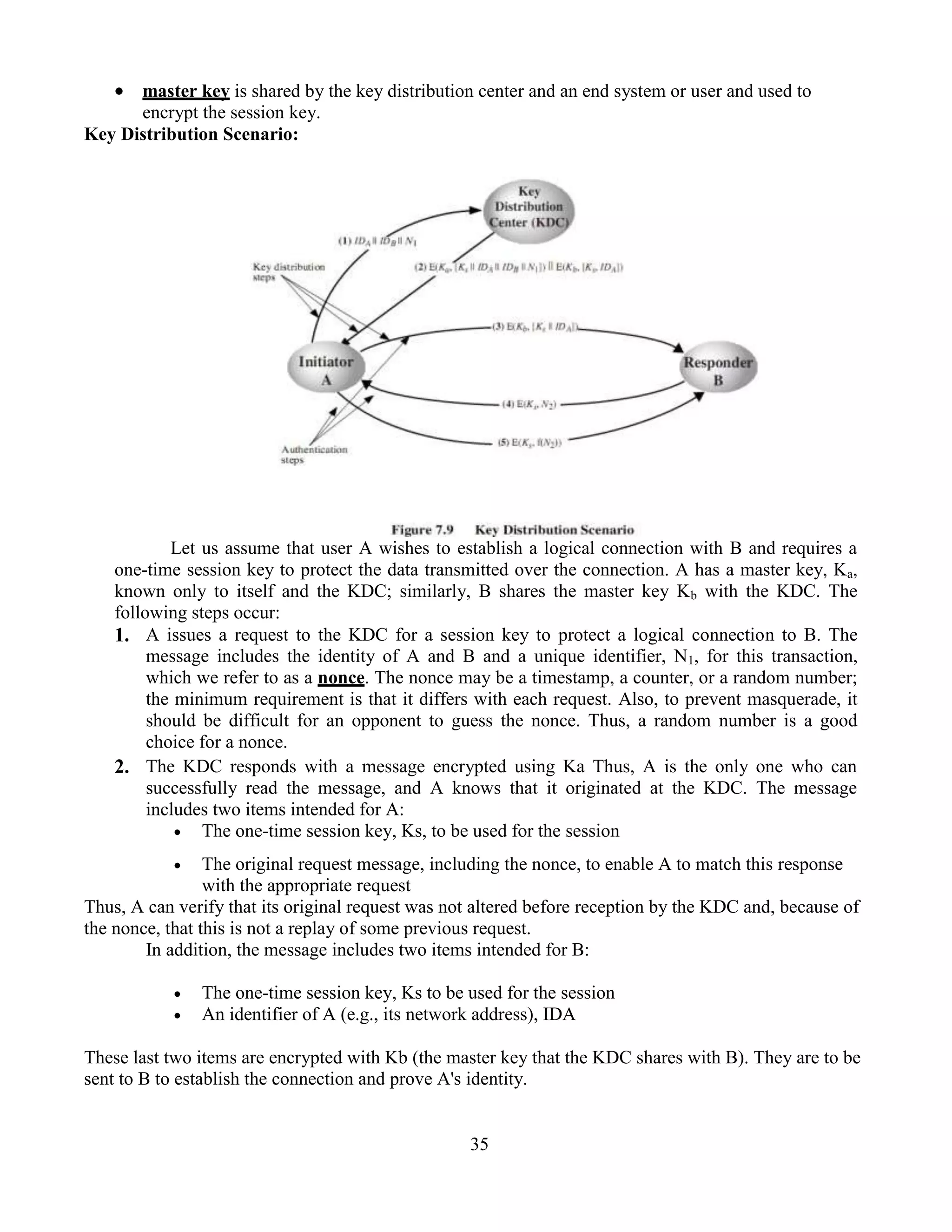 35
 master key is shared by the key distribution center and an end system or user and used to
encrypt the session key.
Key Distribution Scenario:
Let us assume that user A wishes to establish a logical connection with B and requires a
one-time session key to protect the data transmitted over the connection. A has a master key, Ka,
known only to itself and the KDC; similarly, B shares the master key Kb with the KDC. The
following steps occur:
1. A issues a request to the KDC for a session key to protect a logical connection to B. The
message includes the identity of A and B and a unique identifier, N1, for this transaction,
which we refer to as a nonce. The nonce may be a timestamp, a counter, or a random number;
the minimum requirement is that it differs with each request. Also, to prevent masquerade, it
should be difficult for an opponent to guess the nonce. Thus, a random number is a good
choice for a nonce.
2. The KDC responds with a message encrypted using Ka Thus, A is the only one who can
successfully read the message, and A knows that it originated at the KDC. The message
includes two items intended for A:
 The one-time session key, Ks, to be used for the session
 The original request message, including the nonce, to enable A to match this response
with the appropriate request
Thus, A can verify that its original request was not altered before reception by the KDC and, because of
the nonce, that this is not a replay of some previous request.
In addition, the message includes two items intended for B:
 The one-time session key, Ks to be used for the session
 An identifier of A (e.g., its network address), IDA
These last two items are encrypted with Kb (the master key that the KDC shares with B). They are to be
sent to B to establish the connection and prove A's identity.
 