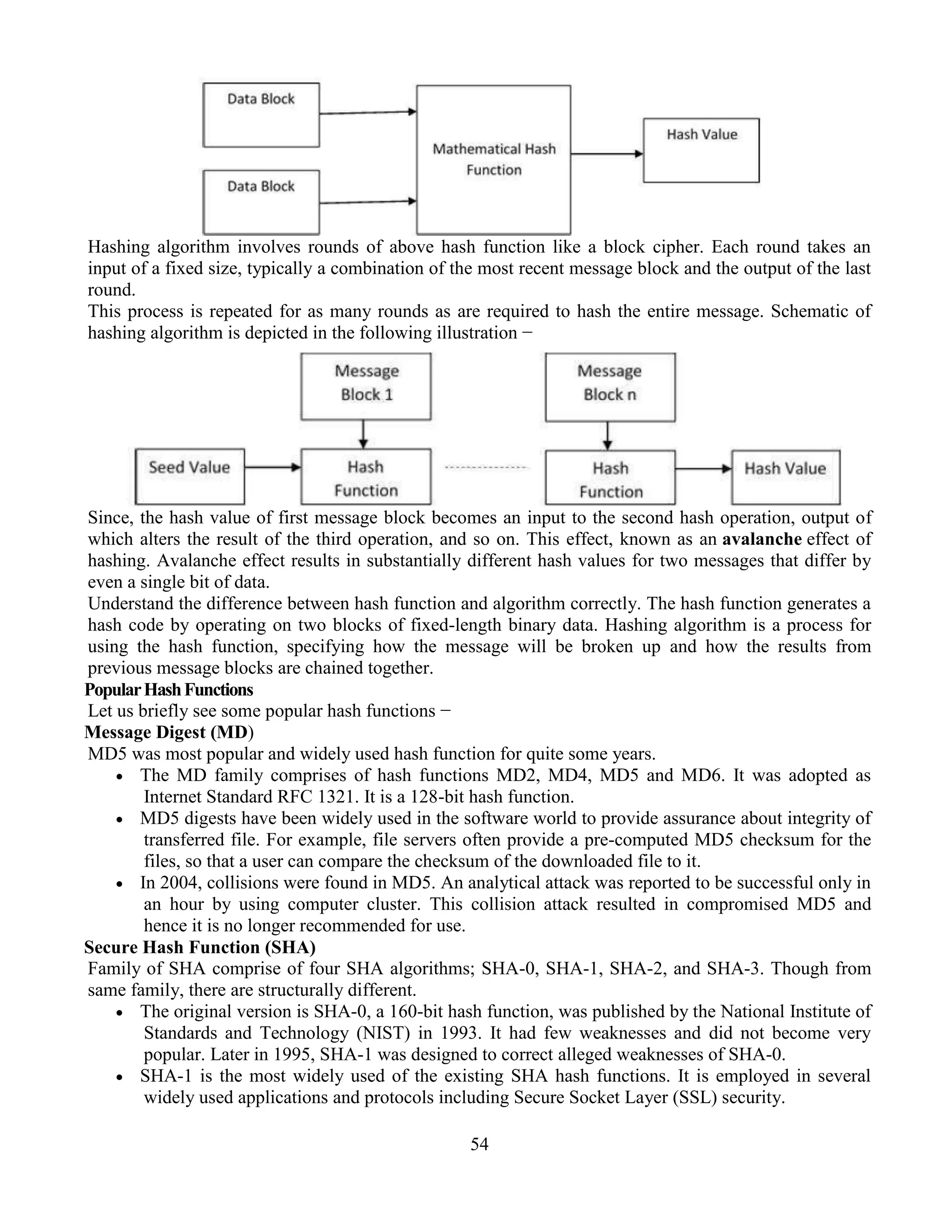 54
Hashing algorithm involves rounds of above hash function like a block cipher. Each round takes an
input of a fixed size, typically a combination of the most recent message block and the output of the last
round.
This process is repeated for as many rounds as are required to hash the entire message. Schematic of
hashing algorithm is depicted in the following illustration −
Since, the hash value of first message block becomes an input to the second hash operation, output of
which alters the result of the third operation, and so on. This effect, known as an avalanche effect of
hashing. Avalanche effect results in substantially different hash values for two messages that differ by
even a single bit of data.
Understand the difference between hash function and algorithm correctly. The hash function generates a
hash code by operating on two blocks of fixed-length binary data. Hashing algorithm is a process for
using the hash function, specifying how the message will be broken up and how the results from
previous message blocks are chained together.
PopularHashFunctions
Let us briefly see some popular hash functions −
Message Digest (MD)
MD5 was most popular and widely used hash function for quite some years.
 The MD family comprises of hash functions MD2, MD4, MD5 and MD6. It was adopted as
Internet Standard RFC 1321. It is a 128-bit hash function.
 MD5 digests have been widely used in the software world to provide assurance about integrity of
transferred file. For example, file servers often provide a pre-computed MD5 checksum for the
files, so that a user can compare the checksum of the downloaded file to it.
 In 2004, collisions were found in MD5. An analytical attack was reported to be successful only in
an hour by using computer cluster. This collision attack resulted in compromised MD5 and
hence it is no longer recommended for use.
Secure Hash Function (SHA)
Family of SHA comprise of four SHA algorithms; SHA-0, SHA-1, SHA-2, and SHA-3. Though from
same family, there are structurally different.
 The original version is SHA-0, a 160-bit hash function, was published by the National Institute of
Standards and Technology (NIST) in 1993. It had few weaknesses and did not become very
popular. Later in 1995, SHA-1 was designed to correct alleged weaknesses of SHA-0.
 SHA-1 is the most widely used of the existing SHA hash functions. It is employed in several
widely used applications and protocols including Secure Socket Layer (SSL) security.
 