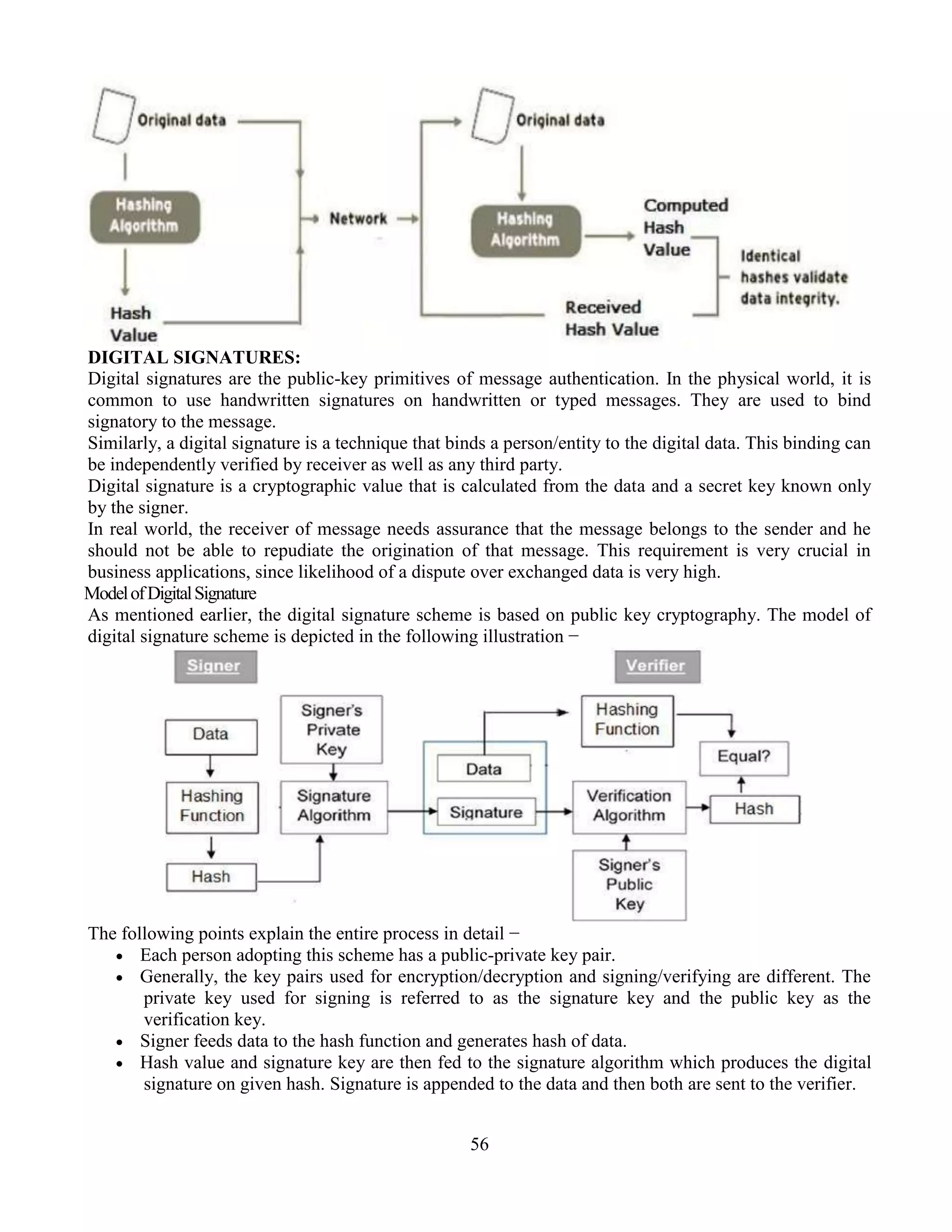 56
DIGITAL SIGNATURES:
Digital signatures are the public-key primitives of message authentication. In the physical world, it is
common to use handwritten signatures on handwritten or typed messages. They are used to bind
signatory to the message.
Similarly, a digital signature is a technique that binds a person/entity to the digital data. This binding can
be independently verified by receiver as well as any third party.
Digital signature is a cryptographic value that is calculated from the data and a secret key known only
by the signer.
In real world, the receiver of message needs assurance that the message belongs to the sender and he
should not be able to repudiate the origination of that message. This requirement is very crucial in
business applications, since likelihood of a dispute over exchanged data is very high.
ModelofDigitalSignature
As mentioned earlier, the digital signature scheme is based on public key cryptography. The model of
digital signature scheme is depicted in the following illustration −
The following points explain the entire process in detail −
 Each person adopting this scheme has a public-private key pair.
 Generally, the key pairs used for encryption/decryption and signing/verifying are different. The
private key used for signing is referred to as the signature key and the public key as the
verification key.
 Signer feeds data to the hash function and generates hash of data.
 Hash value and signature key are then fed to the signature algorithm which produces the digital
signature on given hash. Signature is appended to the data and then both are sent to the verifier.
 
