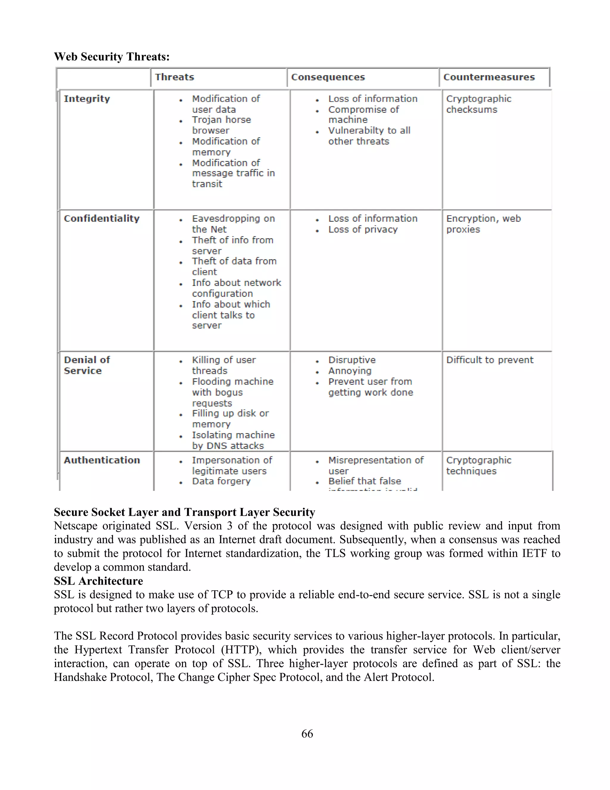66
Web Security Threats:
Secure Socket Layer and Transport Layer Security
Netscape originated SSL. Version 3 of the protocol was designed with public review and input from
industry and was published as an Internet draft document. Subsequently, when a consensus was reached
to submit the protocol for Internet standardization, the TLS working group was formed within IETF to
develop a common standard.
SSL Architecture
SSL is designed to make use of TCP to provide a reliable end-to-end secure service. SSL is not a single
protocol but rather two layers of protocols.
The SSL Record Protocol provides basic security services to various higher-layer protocols. In particular,
the Hypertext Transfer Protocol (HTTP), which provides the transfer service for Web client/server
interaction, can operate on top of SSL. Three higher-layer protocols are defined as part of SSL: the
Handshake Protocol, The Change Cipher Spec Protocol, and the Alert Protocol.
 