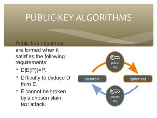 PUBLIC-KEY ALGORITHMS
∗ Public key algorithms
are formed when it
satisfies the following
requirements:
 D(E(P))=P.
 Difficulty to deduce D
from E.
 E cannot be broken
by a chosen plain
text attack.

 