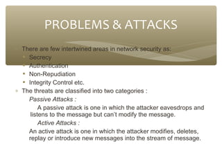 PROBLEMS & ATTACKS
∗ There are few intertwined areas in network security as:
 Secrecy
 Authentication
 Non-Repudiation
 Integrity Control etc.
∗ The threats are classified into two categories :
Passive Attacks :
A passive attack is one in which the attacker eavesdrops and
listens to the message but can’t modify the message.
Active Attacks :
An active attack is one in which the attacker modifies, deletes,
replay or introduce new messages into the stream of message.

 