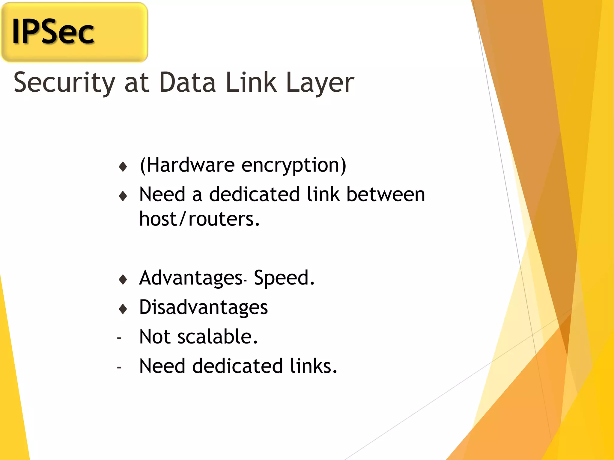 Security at Data Link Layer
 (Hardware encryption)
 Need a dedicated link between
host/routers.
 Advantages- Speed.
 Disadvantages
- Not scalable.
- Need dedicated links.
IPSec
 