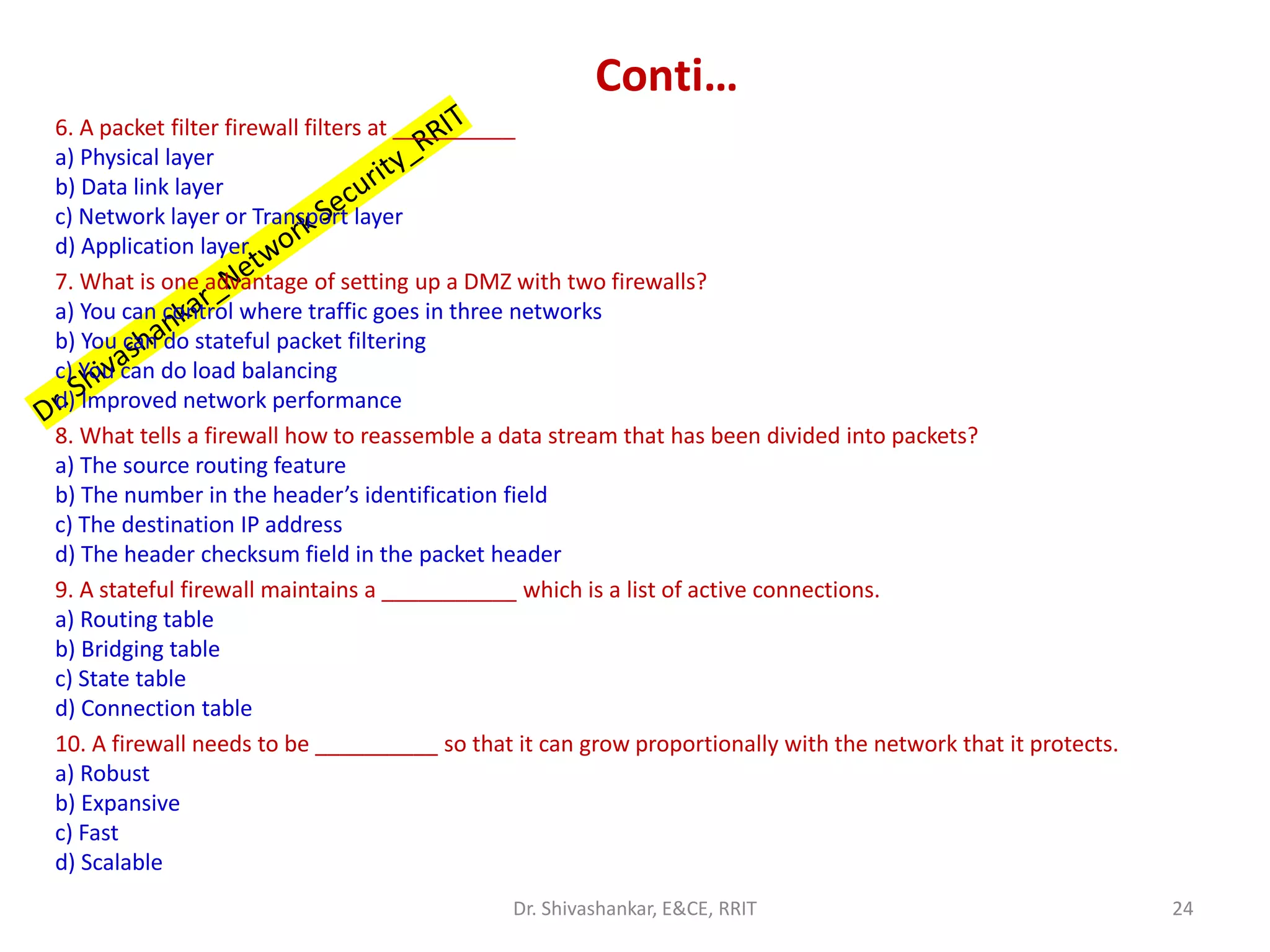 Conti…
6. A packet filter firewall filters at __________
a) Physical layer
b) Data link layer
c) Network layer or Transport layer
d) Application layer
7. What is one advantage of setting up a DMZ with two firewalls?
a) You can control where traffic goes in three networks
b) You can do stateful packet filtering
c) You can do load balancing
d) Improved network performance
8. What tells a firewall how to reassemble a data stream that has been divided into packets?
a) The source routing feature
b) The number in the header’s identification field
c) The destination IP address
d) The header checksum field in the packet header
9. A stateful firewall maintains a ___________ which is a list of active connections.
a) Routing table
b) Bridging table
c) State table
d) Connection table
10. A firewall needs to be __________ so that it can grow proportionally with the network that it protects.
a) Robust
b) Expansive
c) Fast
d) Scalable
24
Dr. Shivashankar, E&CE, RRIT
 