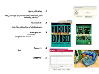 Spearphishing         .1
http://www.fbi.gov/news/stories/2009/april/spea
                       rphishing_040109


                                Hacktivism         .2
         http://en.wikipedia.org/wiki/Hacktivism


                               Anonymous           .3
                         hacktivist
            imageboard 4chan

                                        .

                                    Botnets        .4
                'bot


                                    Rootkits       .5




                                                        3
 
