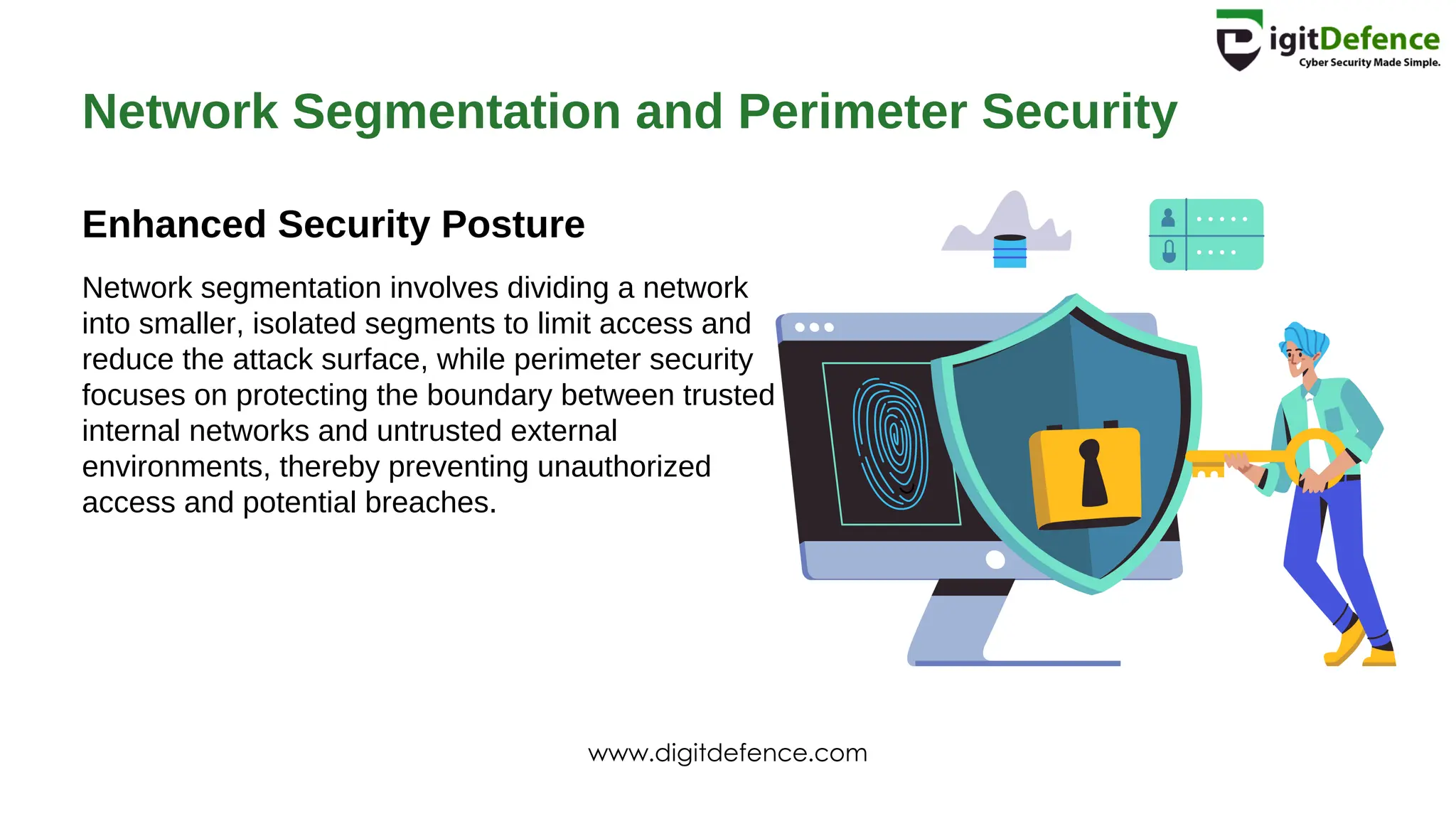 Network Segmentation and Perimeter Security
Enhanced Security Posture
Network segmentation involves dividing a network
into smaller, isolated segments to limit access and
reduce the attack surface, while perimeter security
focuses on protecting the boundary between trusted
internal networks and untrusted external
environments, thereby preventing unauthorized
access and potential breaches.
www.digitdefence.com
 