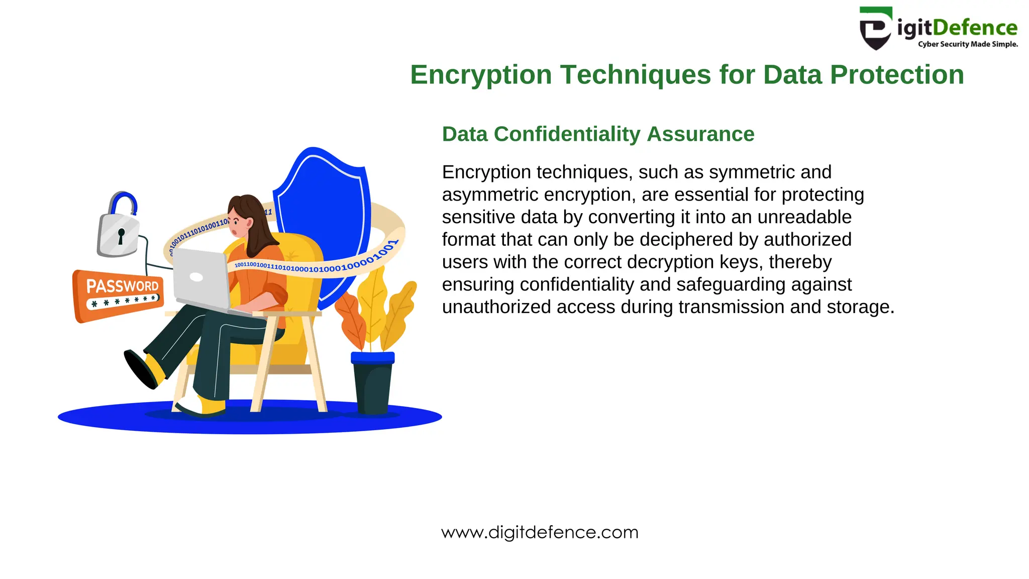 Encryption Techniques for Data Protection
Data Confidentiality Assurance
Encryption techniques, such as symmetric and
asymmetric encryption, are essential for protecting
sensitive data by converting it into an unreadable
format that can only be deciphered by authorized
users with the correct decryption keys, thereby
ensuring confidentiality and safeguarding against
unauthorized access during transmission and storage.
www.digitdefence.com
 