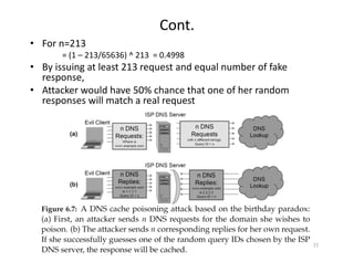 Cont.
• For n=213
= (1 – 213/65636) ^ 213 = 0.4998
• By issuing at least 213 request and equal number of fake
response,
• Attacker would have 50% chance that one of her random
responses will match a real request
21
 