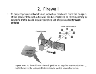2. Firewall
33
• To protect private networks and individual machines from the dangers
of the greater Internet, a firewall can be employed to filter incoming or
outgoing traffic based on a predefined set of rules called firewall
policies
 