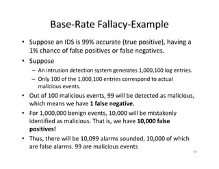 Base‐Rate Fallacy‐Example
• Suppose an IDS is 99% accurate (true positive), having a
1% chance of false positives or false negatives.
• Suppose
– An intrusion detection system generates 1,000,100 log entries.
– Only 100 of the 1,000,100 entries correspond to actual
malicious events.
• Out of 100 malicious events, 99 will be detected as malicious,
which means we have 1 false negative.
• For 1,000,000 benign events, 10,000 will be mistakenly
identified as malicious. That is, we have 10,000 false
positives!
• Thus, there will be 10,099 alarms sounded, 10,000 of which
are false alarms. 99 are malicious events
63
 
