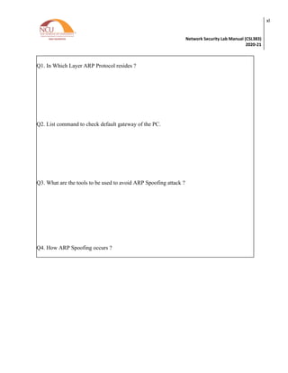 Network Security Lab Manual (CSL383)
2020-21
xl
Q1. In Which Layer ARP Protocol resides ?
Q2. List command to check default gateway of the PC.
Q3. What are the tools to be used to avoid ARP Spoofing attack ?
Q4. How ARP Spoofing occurs ?
 