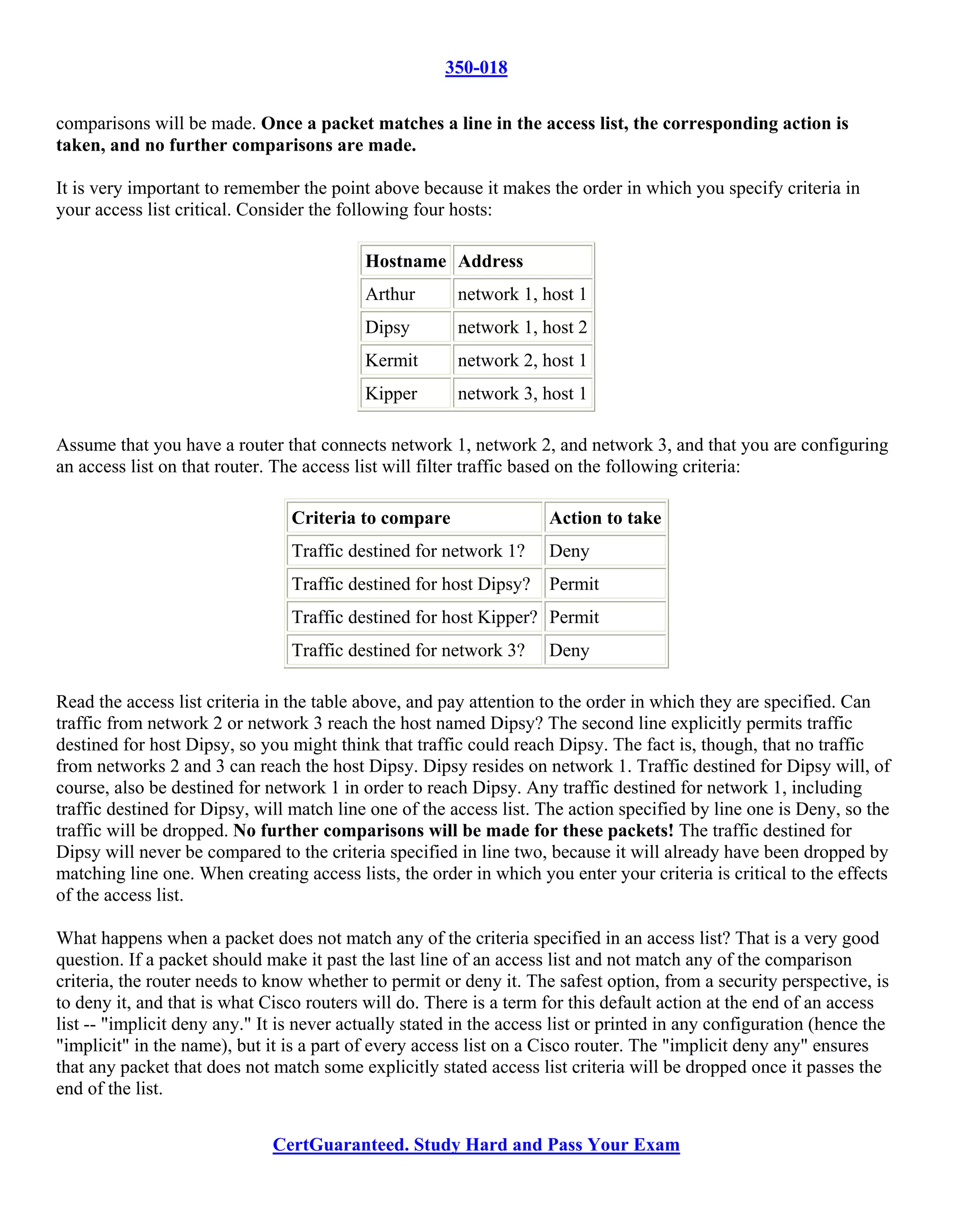 350-018

comparisons will be made. Once a packet matches a line in the access list, the corresponding action is
taken, and no further comparisons are made.

It is very important to remember the point above because it makes the order in which you specify criteria in
your access list critical. Consider the following four hosts:

                                           Hostname Address
                                           Arthur       network 1, host 1
                                           Dipsy        network 1, host 2
                                           Kermit       network 2, host 1
                                           Kipper       network 3, host 1

Assume that you have a router that connects network 1, network 2, and network 3, and that you are configuring
an access list on that router. The access list will filter traffic based on the following criteria:

                                 Criteria to compare                 Action to take
                                 Traffic destined for network 1?     Deny
                                 Traffic destined for host Dipsy?    Permit
                                 Traffic destined for host Kipper? Permit
                                 Traffic destined for network 3?     Deny

Read the access list criteria in the table above, and pay attention to the order in which they are specified. Can
traffic from network 2 or network 3 reach the host named Dipsy? The second line explicitly permits traffic
destined for host Dipsy, so you might think that traffic could reach Dipsy. The fact is, though, that no traffic
from networks 2 and 3 can reach the host Dipsy. Dipsy resides on network 1. Traffic destined for Dipsy will, of
course, also be destined for network 1 in order to reach Dipsy. Any traffic destined for network 1, including
traffic destined for Dipsy, will match line one of the access list. The action specified by line one is Deny, so the
traffic will be dropped. No further comparisons will be made for these packets! The traffic destined for
Dipsy will never be compared to the criteria specified in line two, because it will already have been dropped by
matching line one. When creating access lists, the order in which you enter your criteria is critical to the effects
of the access list.

What happens when a packet does not match any of the criteria specified in an access list? That is a very good
question. If a packet should make it past the last line of an access list and not match any of the comparison
criteria, the router needs to know whether to permit or deny it. The safest option, from a security perspective, is
to deny it, and that is what Cisco routers will do. There is a term for this default action at the end of an access
list -- "implicit deny any." It is never actually stated in the access list or printed in any configuration (hence the
"implicit" in the name), but it is a part of every access list on a Cisco router. The "implicit deny any" ensures
that any packet that does not match some explicitly stated access list criteria will be dropped once it passes the
end of the list.


                              CertGuaranteed. Study Hard and Pass Your Exam
 