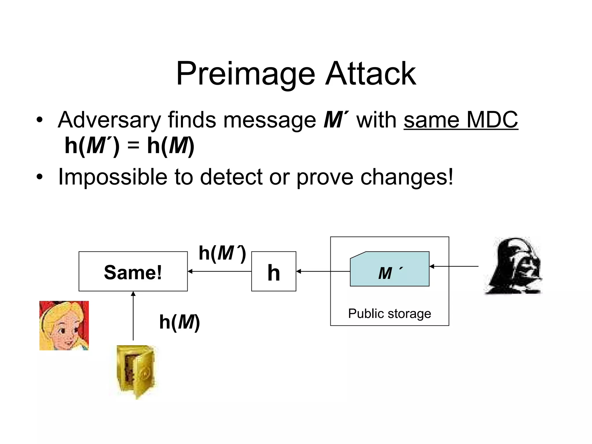 Preimage Attack Adversary finds message  M ´  with  same MDC   h( M ´)  =   h( M )   Impossible to detect or prove changes! Public storage M ´ h( M ´ ) h Same! h( M ) 