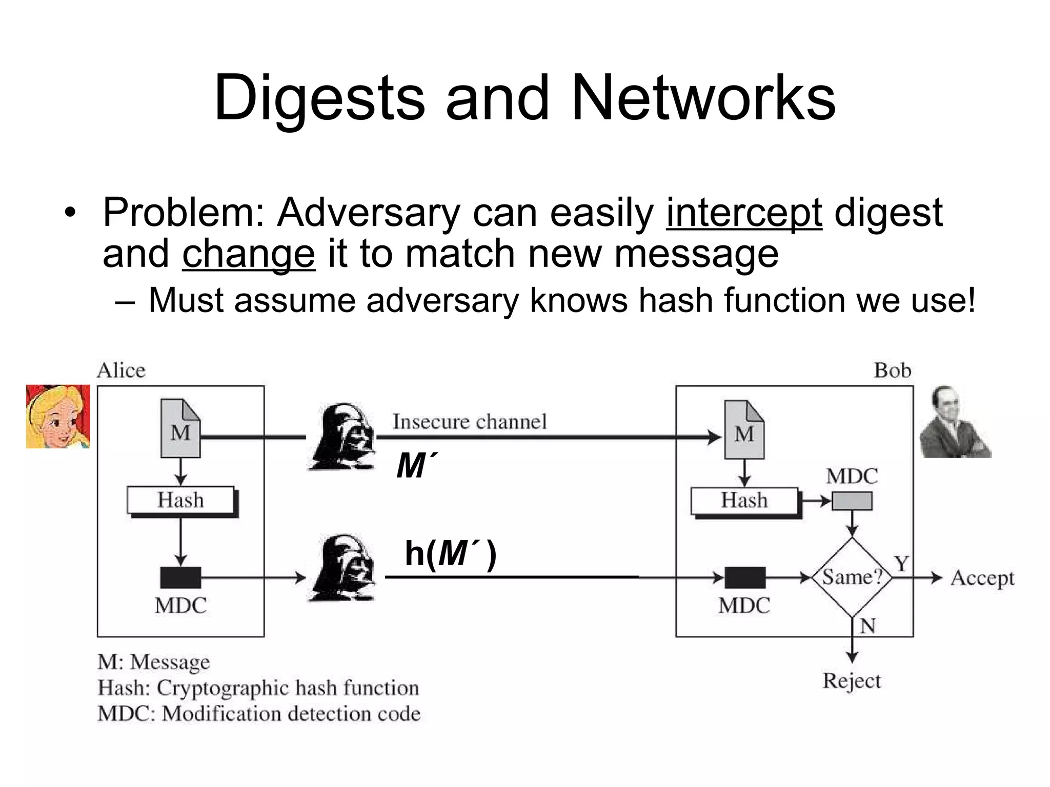 Digests and Networks Problem: Adversary can easily  intercept  digest and  change  it to match new message Must assume adversary knows hash function we use! M   h( M    ) 