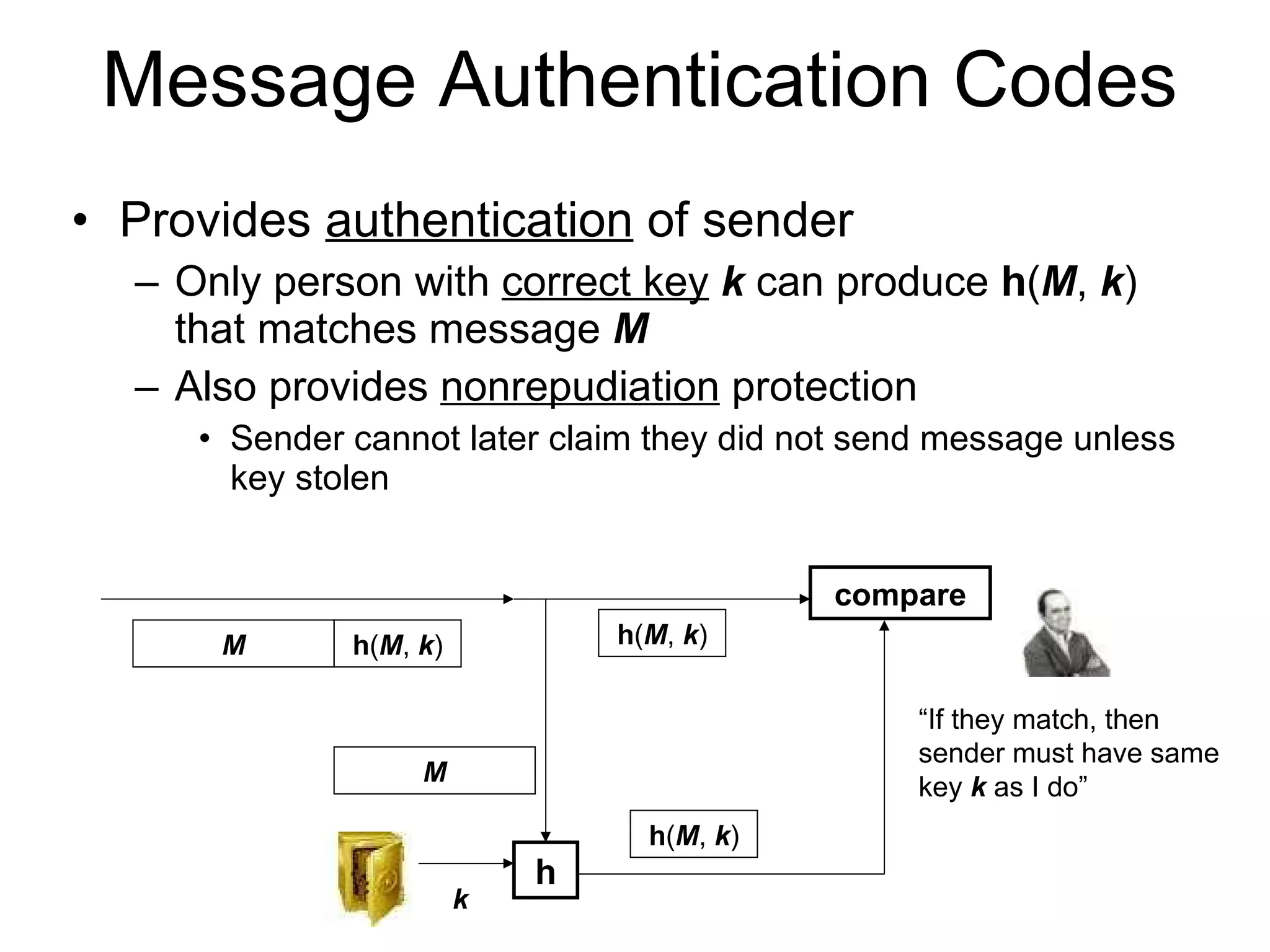 Message Authentication Codes Provides  authentication  of sender Only person with  correct key   k  can produce  h ( M ,  k ) that matches message  M Also provides  nonrepudiation  protection Sender cannot later claim they did not send message unless key stolen M h ( M ,  k ) h ( M ,  k ) M h k h ( M ,  k ) compare “ If they match, then sender must have same key  k  as I do” 