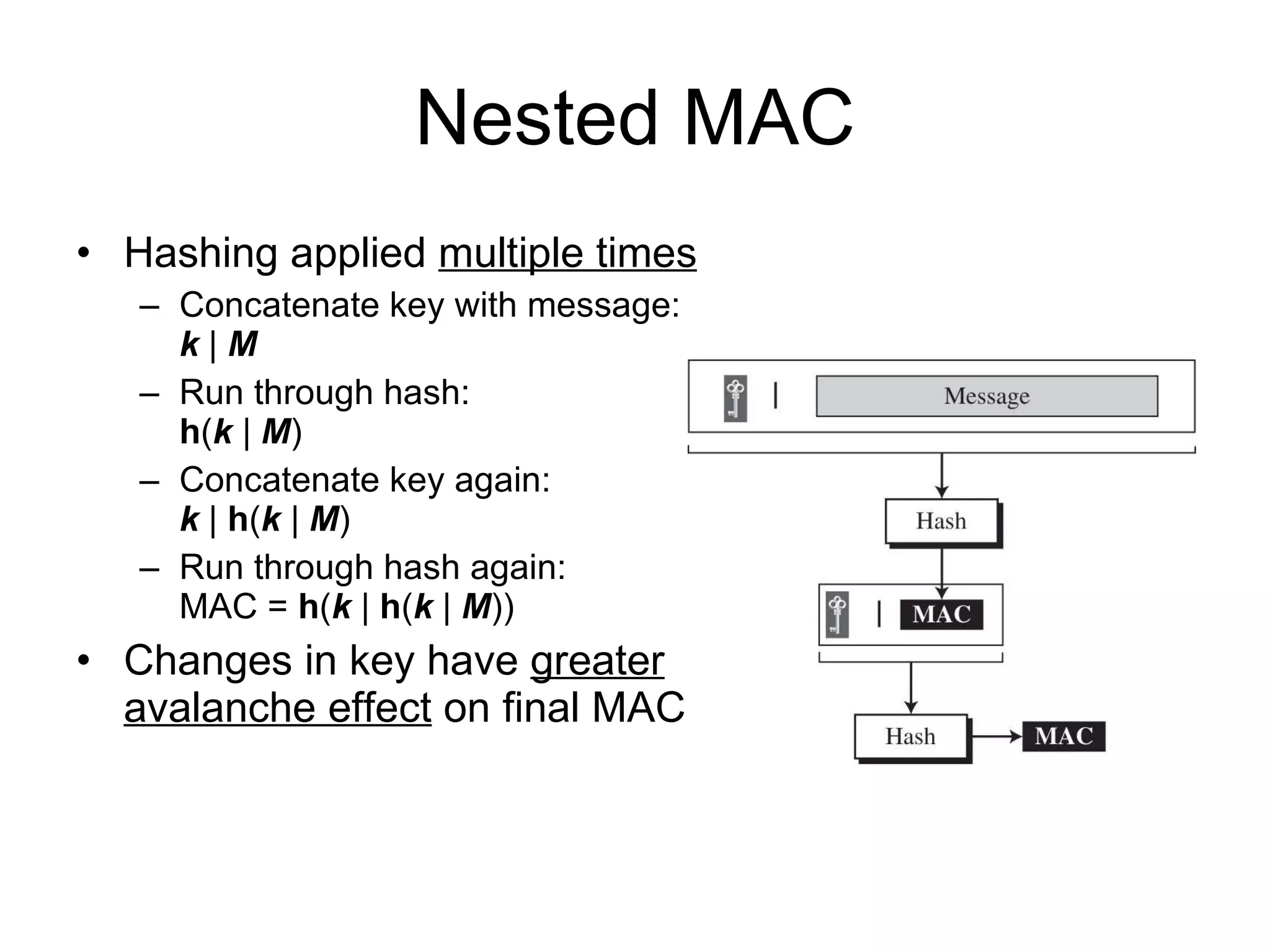 Nested MAC Hashing applied  multiple times Concatenate key with message: k  |  M Run through hash:   h ( k  |  M ) Concatenate key again:   k  |   h ( k  |  M ) Run through hash again: MAC =  h ( k  |   h ( k  |  M )) Changes in key have  greater avalanche effect  on final MAC 