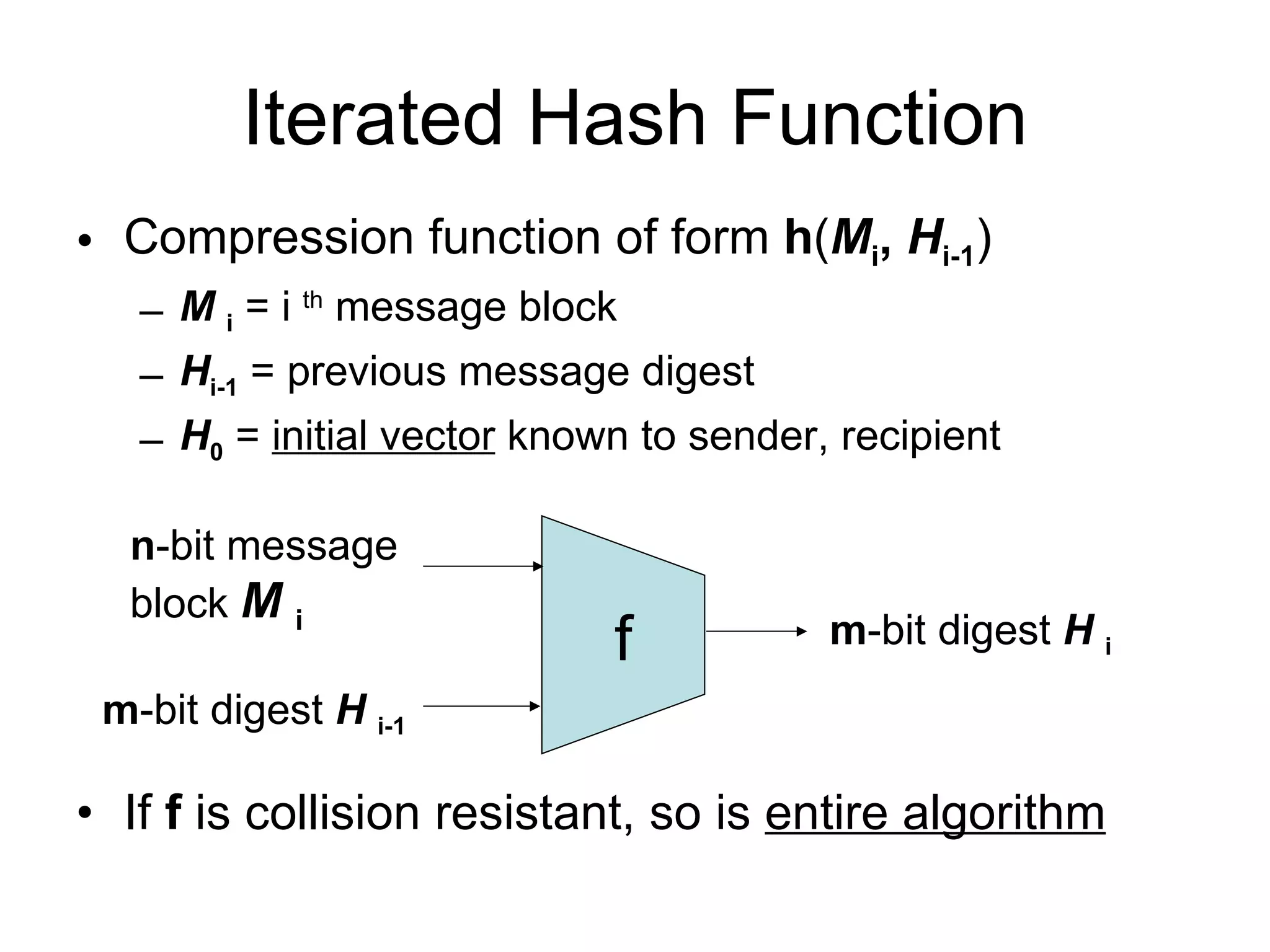 Iterated Hash Function Compression function of form  h ( M i ,  H i-1 ) M  i  = i  th  message block H i-1  = previous message digest H 0   =   initial vector  known to sender, recipient If  f  is collision resistant, so is  entire algorithm f n -bit message block  M  i   m -bit digest  H  i m -bit digest  H  i-1 
