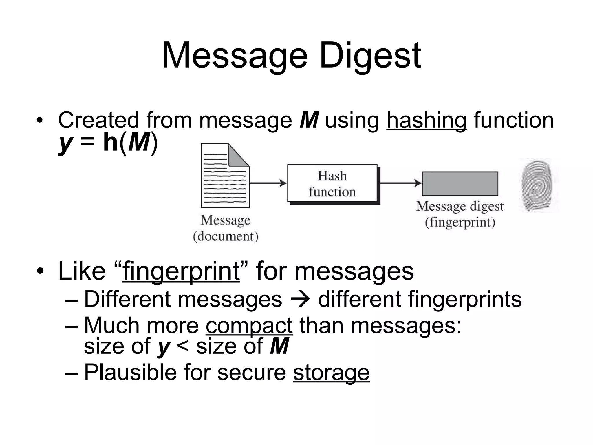 Message Digest  Created from message  M  using  hashing  function y  =  h ( M ) Like “ fingerprint ” for messages Different messages    different fingerprints Much more  compact  than messages:  size of  y  < size of  M Plausible for secure  storage 