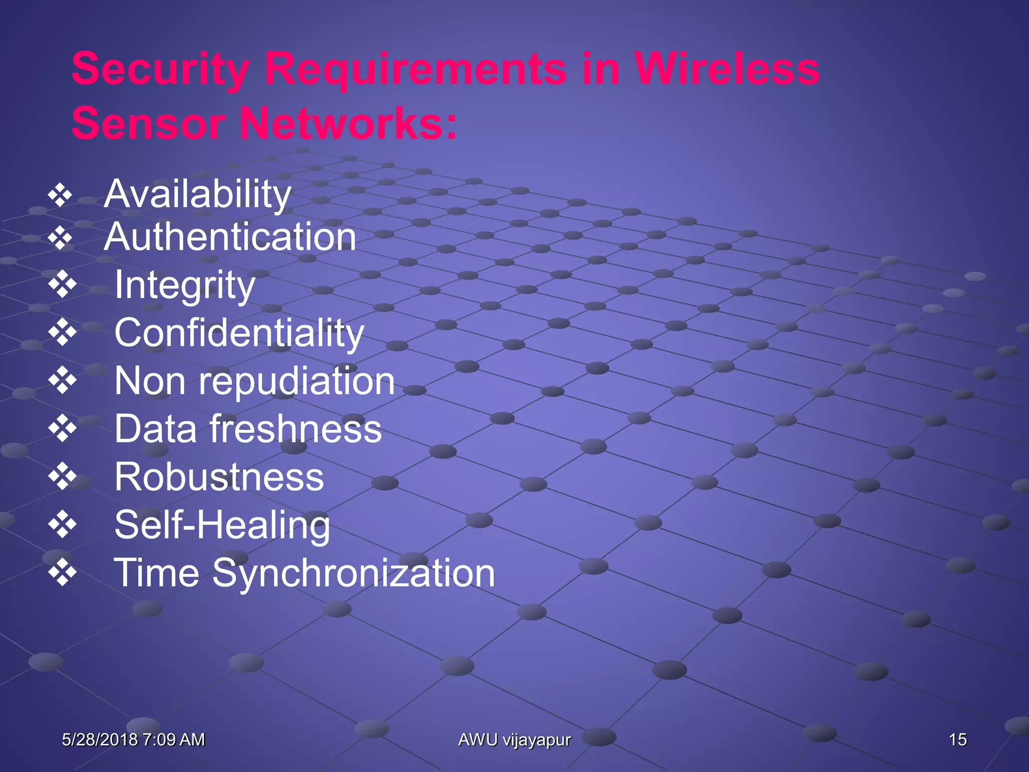 15AWU vijayapur
Security Requirements in Wireless
Sensor Networks:
 Availability
 Authentication
 Integrity
 Confidentiality
 Non repudiation
 Data freshness
 Robustness
 Self-Healing
 Time Synchronization
5/28/2018 7:09 AM
 
