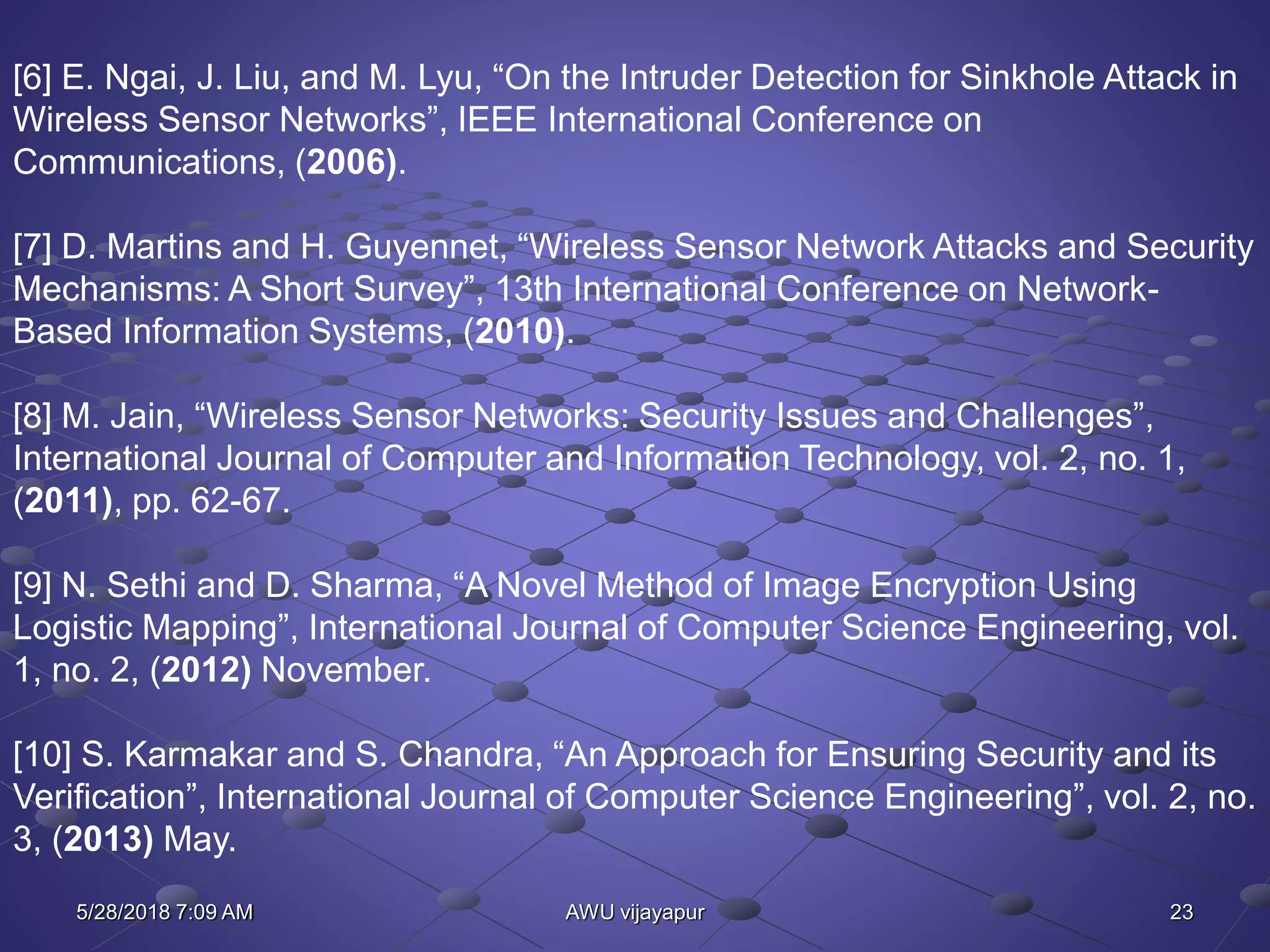 23AWU vijayapur
[6] E. Ngai, J. Liu, and M. Lyu, “On the Intruder Detection for Sinkhole Attack in
Wireless Sensor Networks”, IEEE International Conference on
Communications, (2006).
[7] D. Martins and H. Guyennet, “Wireless Sensor Network Attacks and Security
Mechanisms: A Short Survey”, 13th International Conference on Network-
Based Information Systems, (2010).
[8] M. Jain, “Wireless Sensor Networks: Security Issues and Challenges”,
International Journal of Computer and Information Technology, vol. 2, no. 1,
(2011), pp. 62-67.
[9] N. Sethi and D. Sharma, “A Novel Method of Image Encryption Using
Logistic Mapping”, International Journal of Computer Science Engineering, vol.
1, no. 2, (2012) November.
[10] S. Karmakar and S. Chandra, “An Approach for Ensuring Security and its
Verification”, International Journal of Computer Science Engineering”, vol. 2, no.
3, (2013) May.
5/28/2018 7:09 AM
 
