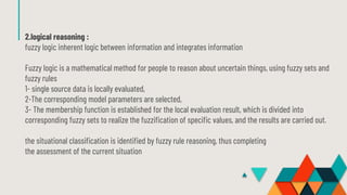 2.logical reasoning :
fuzzy logic inherent logic between information and integrates information
Fuzzy logic is a mathematical method for people to reason about uncertain things, using fuzzy sets and
fuzzy rules
1- single source data is locally evaluated,
2-The corresponding model parameters are selected,
3- The membership function is established for the local evaluation result, which is divided into
corresponding fuzzy sets to realize the fuzzification of specific values, and the results are carried out.
the situational classification is identified by fuzzy rule reasoning, thus completing
the assessment of the current situation
 