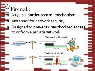  A typical border control mechanism.
 Metaphor for network security.
 Designed to prevent unauthorized access
to or from a private network.
 